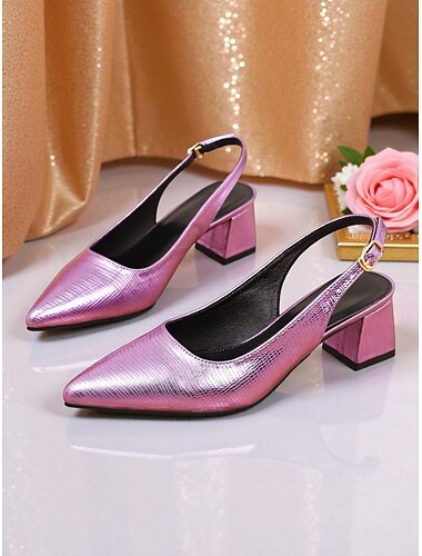  レディースメタリックスリングバックブロックヒールパンプス - ナイトライフやクラブウェアに最適な光沢のあるポインテッドトゥのパーティーシューズ &イブニングドレス