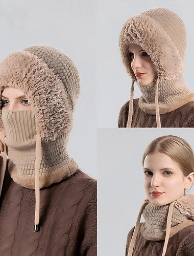  女性用アウトドアニット帽、フリース裏地、フェイスマスク、ネックウォーマー付き、オールインワン、ビーニー、サイクリング、ハイキング、冬の寒い天候、暖かい帽子
