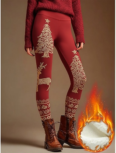  Femmes Pantalon en polaire Leggings Vacances Streetwear Occasionnel Longueur complète Taille hautePantsNoël Arbre de Noël Chaleur Thermique Confortable Épaissir Élastique Extérieur Vacances Rue Vin
