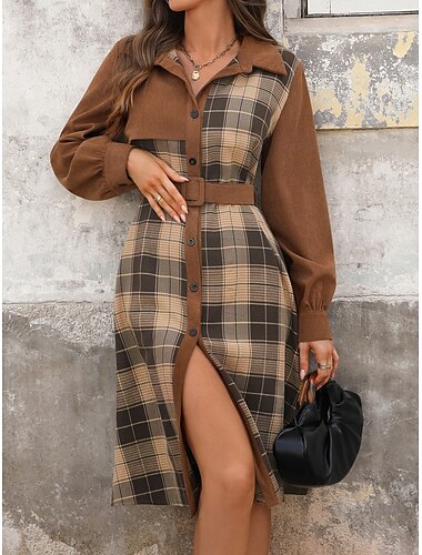  Damen Minikleid A Linie Kleid Lässig Täglich Normale Passform Karomuster Langarm Revers Braun Dunkelgray Aprikose Frühling Herbst Winter