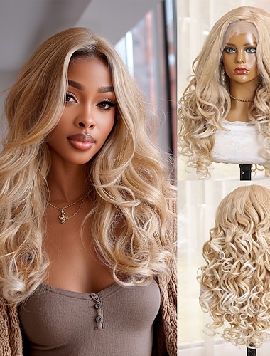  Синтетический парик шнурка Кудрявый Стиль 20 дюймовый Блондинка Средняя часть 13x4 Кружева Фронт Парик Жен. Парик Желтовато-коричневый