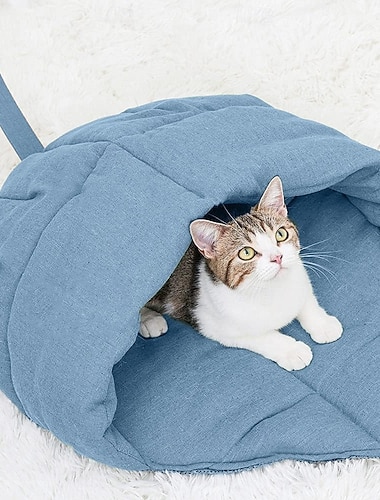  Katzenschlafsack aus Leinenstoff, Katzenbett, Höhle, Blätternest, Kuschelzone, überdachte Kapuze, gemütlich, weich, strapazierfähig, waschbar, mit rutschfester Unterseite für Welpen und Kätzchen in