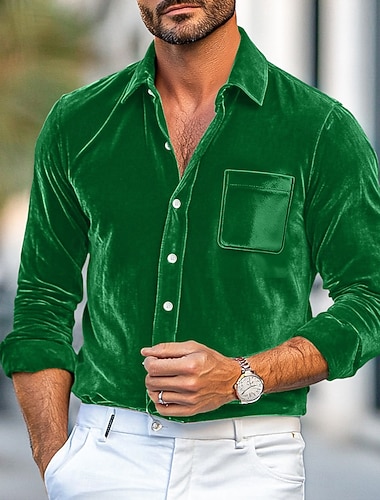  男性用 シャツ カジュアルシャツ クリスマスシャツ ベルベットシャツ イエロー ワイン ロイヤルブルー グリーン 長袖 純色 平織り シャツカラー カーニバル クリスマス ボタン 衣類 クリスマス エレガント あたたか 活発的