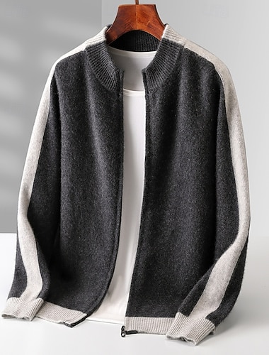  heren premium zuiver wollen kasjmier cardigan trui kleurblok klassiek gebreid rits zacht warm ademend