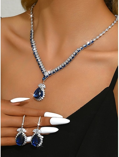  Женский комплект украшений из синего кристалла — элегантное каплевидное ожерелье со стразами и серьги-подвески для вечеринок, вечеров и официальных мероприятий