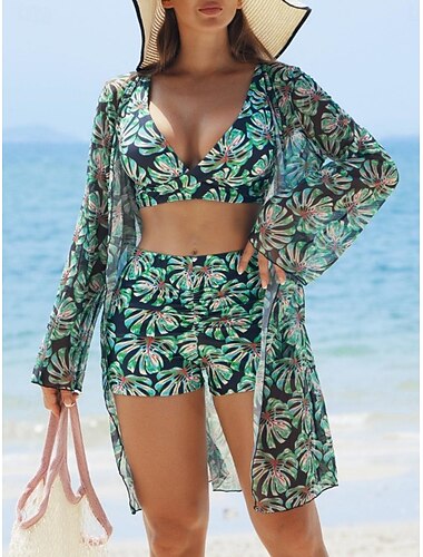  Damen Bikini 3-teiliges Badeanzug Palm Shorts Schlank Rückenfrei Urlaub Strandbekleidung Floral Blätter V-Ausschnitt Ärmellose Bademode