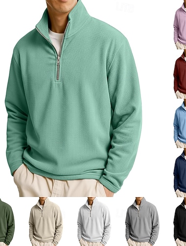  Herren Cordhemd Textur Lässig Alltagskleidung Viertelreißverschluss Langarm Mode Basic Einfarbig Einfach Reißverschluss Warm Frühling Herbst Winter Normale Passform Wein Schwarz Marinenblau Khaki