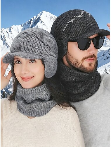  Unisex-akryylinen neulottu pipo ja huivi -setti, säädettävät korvaläpät, useita värejä, täydellinen talviurheiluun ja ulkoiluun