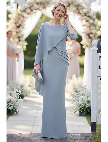  Åtsmitande Klänningar Golvlång Bröllopsgästklänning Formell klädsel Aftonklänning Klänning till brudens mor 3/4 ärm Rund hals Elegant Formell Satäng med Knappar Enfärgat