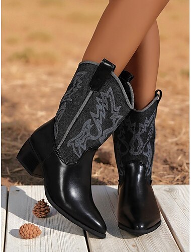  Γυναικείες καφέ μπότες western μέχρι τη μέση της γάμπας – καουμπόικες μπότες από τεχνητό δέρμα με κεντημένο σχέδιο για φθινοπωρινές, country style και εκδηλώσεις ροντέο