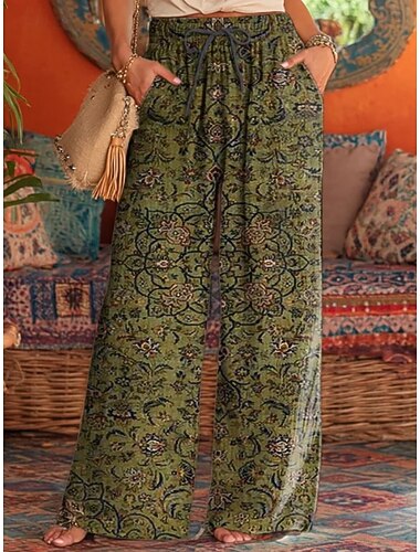 Mujer Perneras anchas Chinos Vacaciones Vintage Estilo Étnico Longitud total Alta cintura Correa Retazos Estampado Rígido Uso Diario Festivos Negro Verde claro crema Verde Oscuro Verano Primavera
