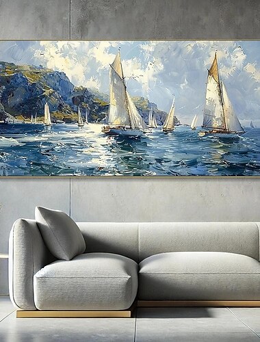  Pintura a óleo artesanal em tela, arte de parede moderna com paisagem marítima azul e barco à vela, ideal para sala de estar e decoração de casa. Quadro esticado para pendurar (sem moldura).