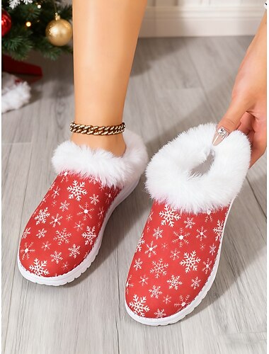  Pantufas femininas de Natal com estampa de flocos de neve - pantufas vermelhas festivas com forro de pele sintética branca macia para maior conforto no inverno, perfeitas para a manhã de Natal e para uso casual.