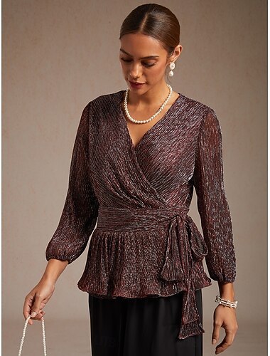  eleganckie bluzki damskie, eleganckie rękawy typu latarnia, dekolt w serek, szyfon, regularne bluzki, strój na wesele, przyjęcie, wieczór, strój biznesowy, plisowane, brokatowe, błyszczące, wino,