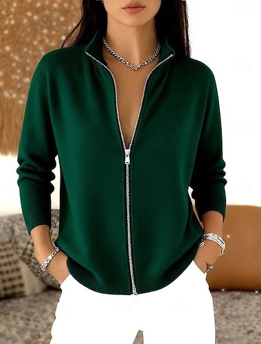  女性用 カーディガン エレガント ヴィンテージ ファッション 純色 スタンド ニット 長袖 レギュラートップス ニット フォーマル アウトドア 家 ブラック ルビーレッド 春 秋