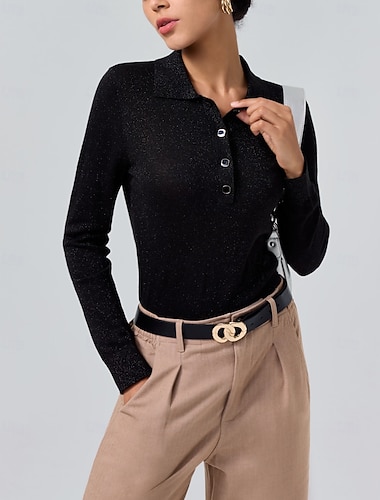  Damen-Polopullover mit Polokragen und langen Ärmeln, einfarbig, minimalistische Wollmischung, für formelle Arbeit, Business, Alltag, Frühling, Herbst