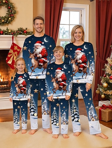  Familie Weihnachten Weihnachtspyjama für die Familie Schlafanzug Familiensets Grafik Weihnachtsmann Hirsch Weihnachtsgeschenke Druck Dunkelblau Langarm Täglich Passende Outfits
