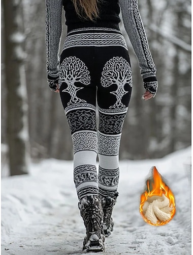  Kvinnors Viking Boho Fleecefodrade Leggings Semester Vintage Etnisk Stil Lång Medel Midja Stretchig Utomhus Gata Casual Svart Höst Vinter