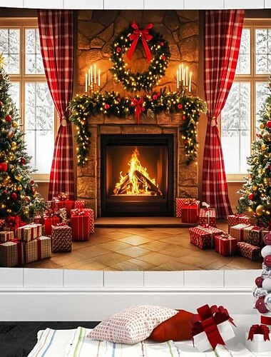  クリスマスの窓辺の風景を描いたタペストリー - お祝いのホリデー用壁掛け、サンタと雪の冬の窓辺の模様を描いた装飾タペストリー、自宅の寝室、リビングルーム用