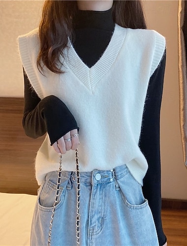  Dámské Svetr Svetrová vesta Módní Šik ven Na běžné nošení Pevná barva Do V Pletený Bez rukávů Běžné topy Plést Denní Dovolená Jdeme ven Černá Bílá Podzim Zima