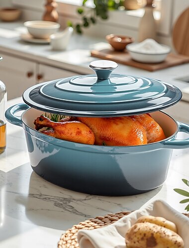 Emaljerad holländsk ugnsgryta med lock, gjutjärnsgryta med dubbla handtag för brödbakning, matlagning, non-stick emaljbelagda köksredskap