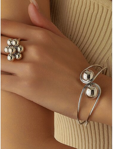  gullfarget armbånd og ringsett med kuleperler til dame - moderne minimalistiske smykker til fester, moteantrekk &hverdagsbruk