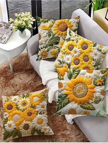  Capa de almofada decorativa vintage com estampa de girassol, em tecido macio de poliéster com bordado falso em 2D, ideal para decoração de primavera e verão, sofá e sala de estar.