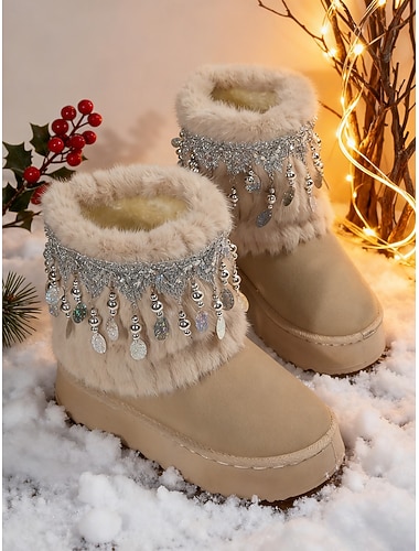  Beigefarbene Schneestiefel aus Kunstfell mit Strassquasten – warme Plateau-Stiefeletten für Winterpartys, Weihnachten und festliche Anlässe