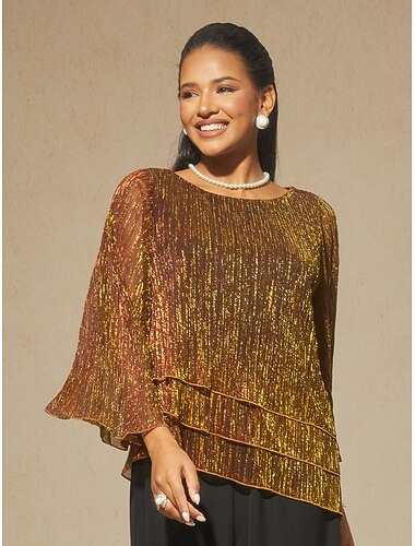  Dámské Halenka Šifonové topy Krajkové topy Nabírané šaty Lesk Pevná barva Elegantní 3/4 délka rukávu Tričkový Svatební host Dovolená Portofino Orange Léto Jaro Podzim