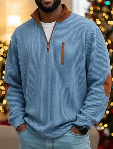  Herren Cordhemd T-Shirt Langarmshirt Langarm Reißverschluss Herbst Winter Farbblock Täglich Strukturiert Lässig Reißverschluss Oversize Locker Outdoor Straße Lässig Hellblau Schwarz Dunkel Blau Top