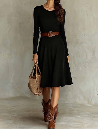  Mujer vestido largo vestido largo Vestido negro Vestido informal Elegante Moda Moderno Diario Noche Fin de semana Ajuste regular Plano Manga Larga Cuello Barco Negro Blanco Vino Marrón Primavera