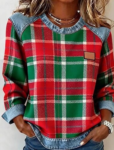  نسائي كنزة صوفية منقوش نشيط عتيق موضة كم طويل رقبة دائرية قمصان عادية المنزل عمل شارع أخضر المحيط لون برتقالي أسود أحمر الربيع الخريف الشتاء