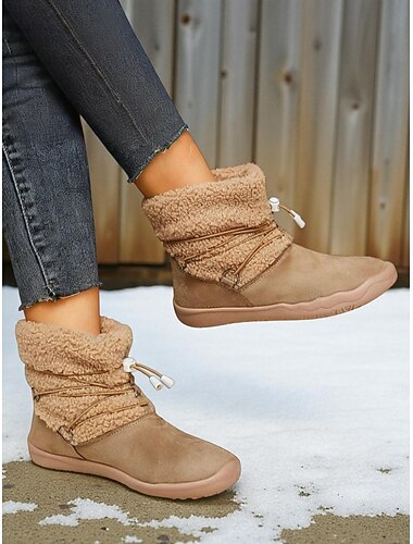  Damen-Winterstiefel in Khaki mit weiter Passform und Fleecefutter – warme Stiefeletten mit Kordelzug für Schnee, Spaziergänge, Outdoor-Aktivitäten und den Alltag