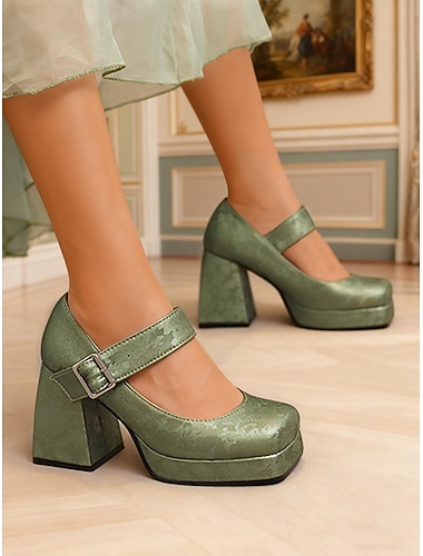  Escarpins Mary Jane à plateforme en similicuir vert à fleurs pour femme, avec boucle - Talons carrés épais vintage années 1950, parfaits pour les occasions formelles, les fêtes et les mariages