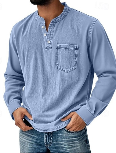  Voor heren Henley-shirt Overhemd van 100% katoen met zure wassing Lange mouw Henley Lente Herfst Alle seizoenen Wijnoogst Retro vintage Casual Zak Vintagestijl Kledingstuk geverfd Casual Zwart Koffie