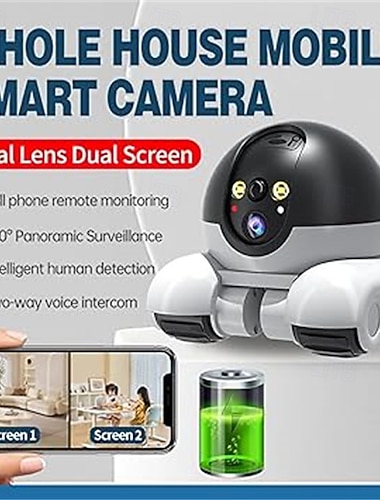  Câmera robô de patrulha sobre rodas com câmera 360°, comunicação bidirecional via aplicativo, controle remoto, visão noturna, resolução HD 1080p, bateria de longa duração (Wi-Fi).