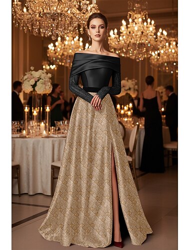  Schwarz und Gold Jacquard Muschelmuster A-Linien Abendkleid Elegantes Formelles Kleid Formelle Hochzeit Bodenlang Ärmellos Off-Shoulder Satin Bestickte Spitze Applikation mit Falten Schlitz