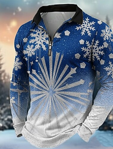  Kerstmis Voor heren Sneeuwvlok  Poloshirts met rits Lange mouw Poloshirt Revers Casual Buiten Festivaloutfit 3D-afdrukken Lente Herfst Winter blauw Rood Groen
