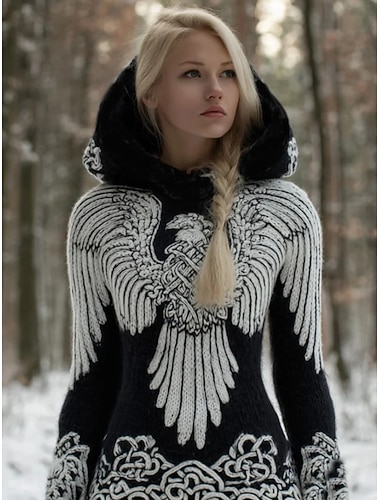 Damen-Wikingerpullover im Vintage-Stil mit Kapuze, coolem geometrischem Print, langen Ärmeln, normaler Passform, Strickoberteil, Outdoor-Stil, Alltag, schwarz, Herbst/Winter