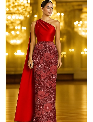  Tuubi Kokopitkä Tanssiaispuku viitalla Iltapuku Muodollinen mekko Tyylikäs Kimalteleva Kimaltava Hihaton Yksiolkaiminen Muodollinen Häät Viitat Satiini Pitsi kanssa Kimalle Kirjonta