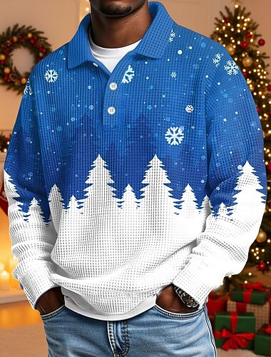 عيد الميلاد المجيد رجالي نمط عيد الميلاد قمصان بولو الوافل كم طويل قمصان البولو قميص بياقة كاجوال مناسب للبس اليومي ملابس المهرجان Buttons الربيع الخريف الشتاء وردي بلاشيهغ أحمر أزرق