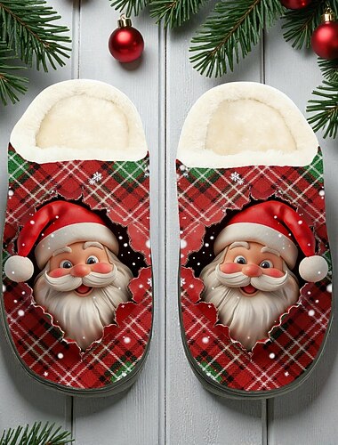  pantofole da uomo con stampa di Babbo Natale - festoso volto di Babbo Natale rosso con luci a LED, comode pantofole di peluche per la mattina di Natale, per rilassarsi e per le vacanze