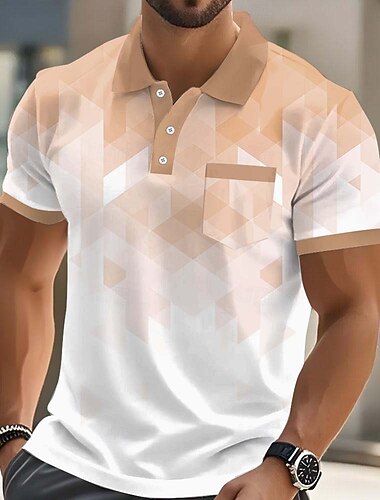 Herre Geometrisk Polo Kortermet Poloskjorter Skjorter med krage Fritid utendørs treningsklær Dagligdagstøy 3D-utskrift Knapper Sommer Blå Rød Lilla