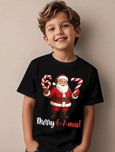  Βαμβάκι Χριστούγεννα Παιδιά Αγορίστικα Μαύρο Λευκό Άγιος Βασίλης Στάμπα Αστεία αργκό 67 Κοντομάνικη μπλούζα Μπλούζα Στρογγυλή Ψηλή Λαιμόκοψη Κοντομάνικο ΕΞΩΤΕΡΙΚΟΥ ΧΩΡΟΥ Καθημερινή Ένδυση