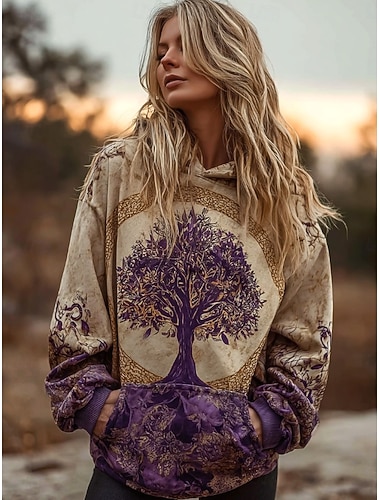  Női Pulóver Hoodie pulóver Állat Törzsi Szüret Alkalmi Hosszú ujj Kapucni Normál felsők Hétköznapi Világos bíbor Tavasz Ősz Tél