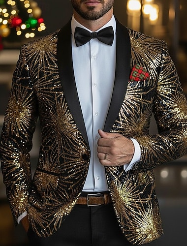  Herre Blazer jakke Buet Jul Fest Glitrende Mønster Linje Blazer Svart og Gull Skreddersydd Enkelt Brystet Enn-knapp