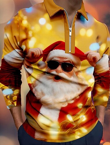  عيد الميلاد المجيد رجالي بابا نويل بولو ستايل كم طويل قمصان البولو Lapel كاجوال مناسب للبس اليومي ملابس المهرجان طباعة ثلاثية الأبعاد قميص بولو بسحاب ربع الربيع الخريف الشتاء أزرق أصفر أحمر