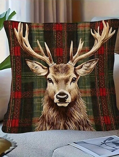  Capa de almofada de Natal em pelúcia com cabeça de rena fofa, capa de almofada decorativa macia para sofá, sala de estar, decoração de casa para as festas de fim de ano, capa de almofada sem