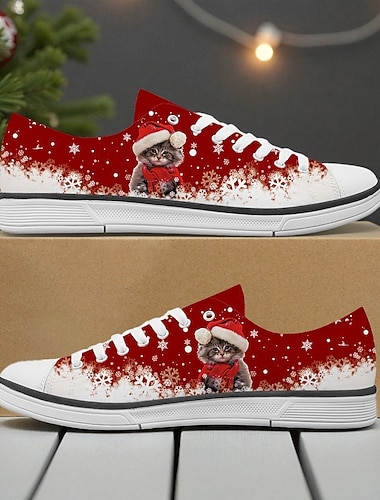  scarpe da ginnastica da donna a forma di gatto natalizio rosso con dettagli a fiocco di neve – scarpe di tela con lacci per le festività, ideali per le calde giornate invernali, le riunioni di festa e l'abbigliamento casual