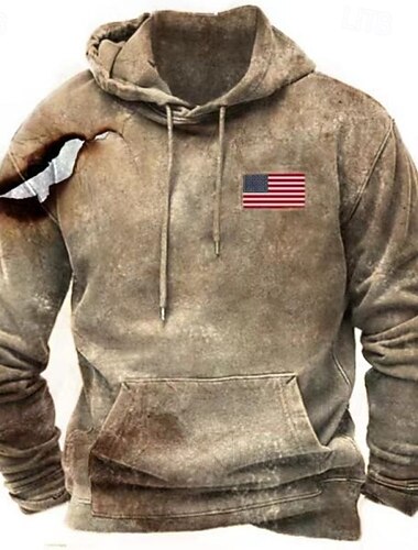  Men's Graphic American Flag Hoodie Pullover Hoodie Printed Hoodie Fashion Streetwear Casual Hooded Outdoor Vacation Going out Khaki Dark Gray Drawstring Pocket Print Spring Fall Designer S M L XL 2XL